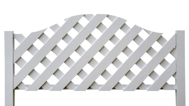 Isolated white decorative garden lattice fence panel with wavy top edge design