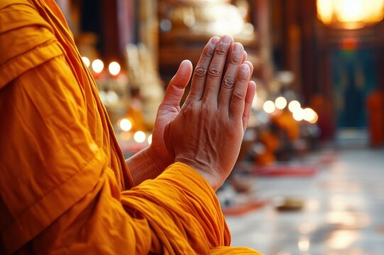 close-up of a saffron robed monk with hands pressed together in prayer inside a temple, warm candlelight and reverent peaceful atmosphere