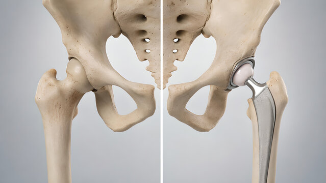 Normal Hip Anatomy Versus Total Hip Replacement with Ceramic Femoral Head Implant, Photorealistic Medical Illustration for Orthopedic Education, Radiology, Surgery, and Patient Care Guidance