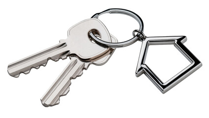 Isolated silver keys on metal keyring with house shape keychain, symbolizing real estate and home ownership