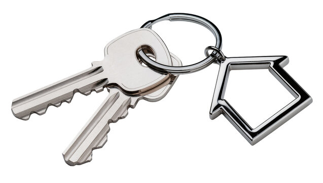 Isolated silver keys on metal keyring with house shape keychain, symbolizing real estate and home ownership