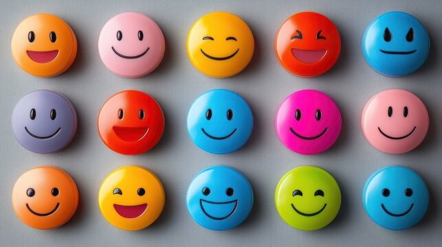 bright colorful round smiley face buttons with varied happy expressions arranged in a neat grid conveying playful cheerful mood