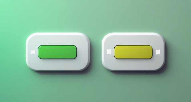 Two rounded white control buttons with green and yellow pill-shaped sliders on a soft mint gradient background, minimalist calm playful mood