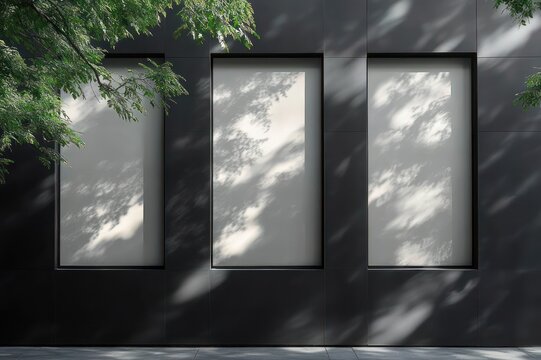 Minimal dark building facade with three recessed white rectangular panels, dappled tree shadows and overhanging green leaves conveying a calm tranquil urban mood