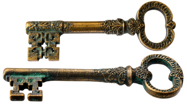 Isolated antique ornate brass keys, old decorative metal objects, vintage style, weathered, oxidized.