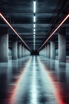 Empty underground concrete parking garage with symmetrical pillars, reflective wet floor, linear blue-white ceiling lights and red side strips, futuristic eerie mood