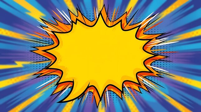 Yellow comic explosion frame with blue radial rays