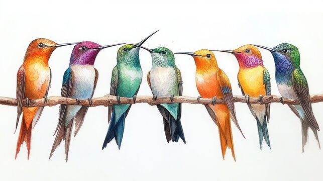 Eight vibrant hummingbirds in varied colors perched along a thin branch on a white background, playful and serene mood