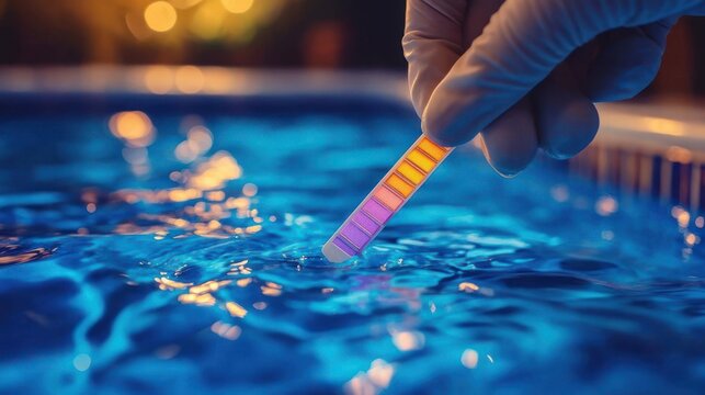 Gloved hand dipping colorful pH test strip into rippling blue pool water at dusk, showing careful maintenance and focused concentration
