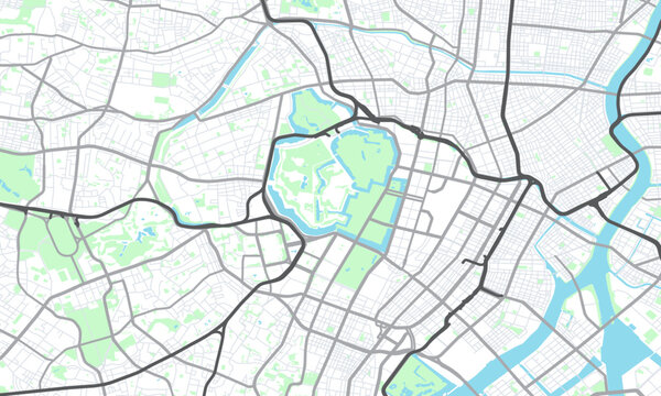map of tokyo, japan. road, river, park, plan, asia, city and travel.