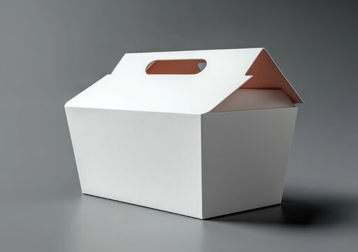 minimal white gable takeout box with folded handle on gray surface, clean modern packaging under soft studio lighting conveying calm presentation