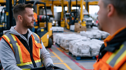 Fototapeta premium Cross docking supervisor directing forklift operators sorting mixed freight loads on busy transfer facility floor, colored zone markings visible on concrete, inbound trucks visible through open bay 