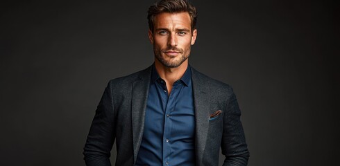 Fototapeta premium Anonymous well-dressed man in dark blazer and navy shirt with pocket square, face obscured, posing confidently against a dark studio background