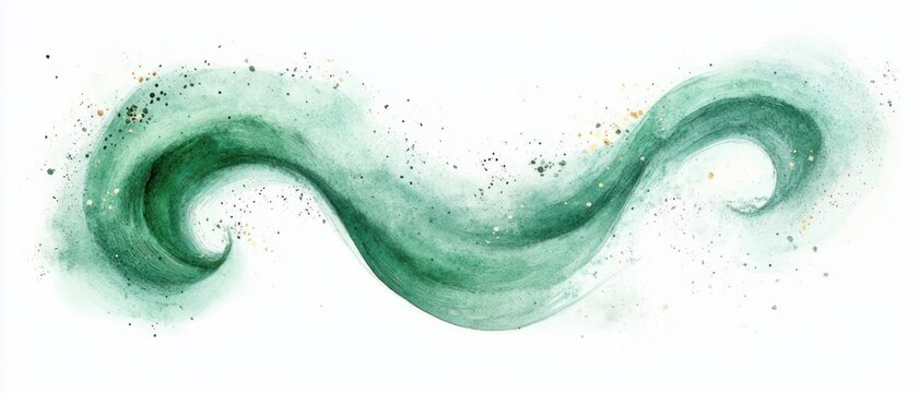 emerald green watercolor swirl with two curling wave ends, scattered paint splatters and gold flecks conveying graceful calm motion