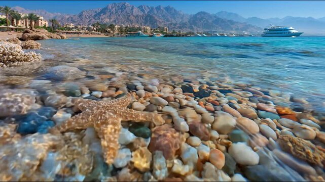 Orange starfish rests on pebbles as gentle ocean waves wash ashore with mountains in the background for travel.