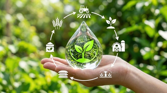 Sustainable agriculture, smart farming, green technology concept with digital data over crop field.
