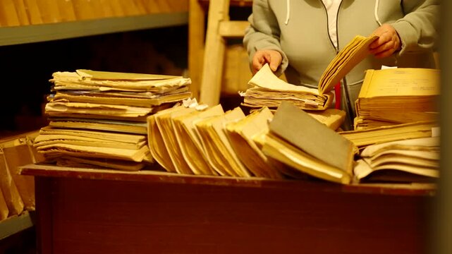 Librarian Archivist Searching Through Old Paper Folders And Documents In Archive Storage Room. Vintage Information Search 