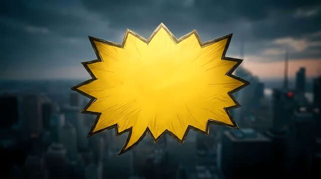Yellow comic speech bubble over dark city skyline night.