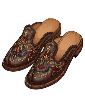 Traditional Turkish Leather Slippers Babouches with Colorful Embroidery