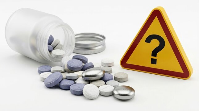 Prescription error, medication safety, healthcare risk concept with pills and warning sign.