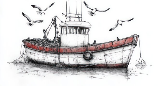 weathered fishing boat with red-painted hull moored in calm water, nets and buoys onboard, seagulls circling above &mdash; a serene, nostalgic coastal scene