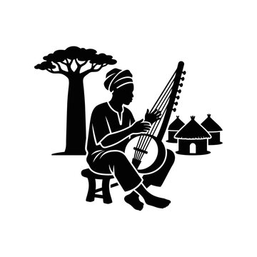 Silhouette of a West African musician playing a traditional kora harp-lute seated near a baobab tree and village huts.