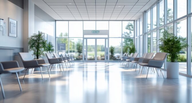 bright modern waiting room with rows of empty chairs, floor-to-ceiling windows, potted plants and polished floors evoking a calm, airy atmosphere