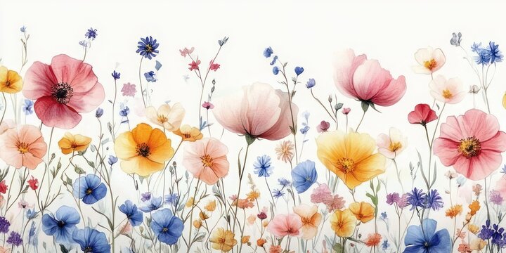 Delicate pastel wildflower meadow with pink, yellow and blue poppy-like blooms and slender stems, evoking gentle springtime joy and serene airy calm