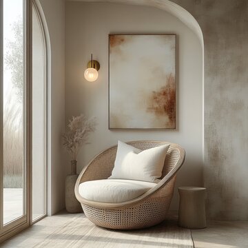 Cozy serene reading nook with round rattan chair and cushion, small stool, vase of dried pampas grass, brass globe wall sconce and abstract art in an arched sunlit alcove
