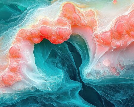 abstract coral and teal fluid formation creating a heart-shaped cavity with bubbly foam textures, dreamy and calming mood