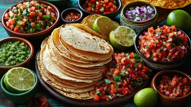 stack of warm corn tortillas surrounded by bowls of vibrant salsas, pico de gallo, lime wedges and chopped onions on a rustic table, evoking a festive appetizing mood