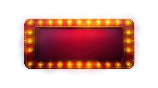 vintage red marquee sign with glowing golden bulbs and metallic frame on white background, festive nostalgic atmosphere