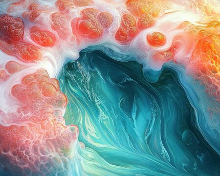 Luminous coral-like foam framing a swirling turquoise underwater cavern with warm orange highlights and cool blue currents evoking tranquil wonder