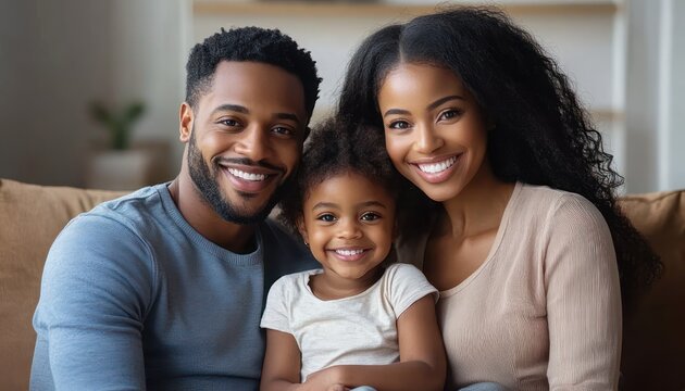 Two parents and their young child seated together on a living room couch, embracing closely in a warm, affectionate family moment with casual home decor
