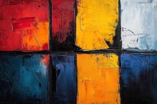 textured impasto abstract grid of colorful rectangular panels with bold red, yellow, teal and deep blue blocks and thick palette-knife strokes conveying energetic dynamic intensity