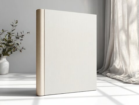 Blank minimalist hardcover book standing on sunlit table beside sheer curtains and a vase with green branches, conveying a calm serene mood