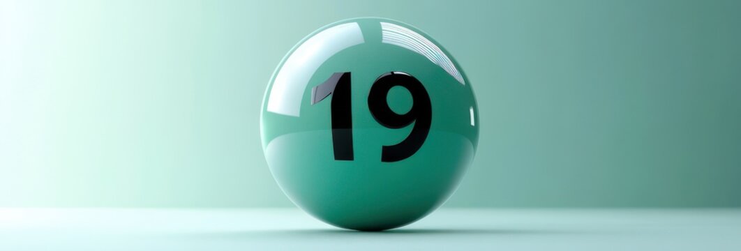 Glossy teal sphere with the number 19 on a soft gradient background, minimalist and serene