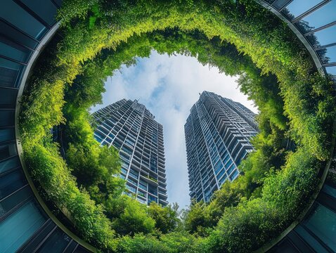 looking up through a circular green courtyard at two modern glass high-rise towers framed by lush foliage and blue sky, evoking awe and serene urban harmony