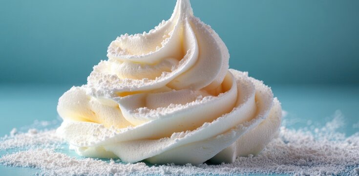 Creamy white buttercream swirl dusted with powdered sugar on a turquoise surface, inviting and indulgent