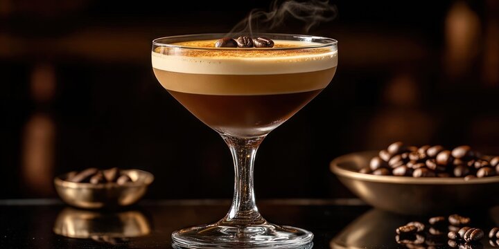 elegant espresso cocktail in a coupe glass with creamy froth and coffee bean garnish, steam rising, bowls of coffee beans on a reflective surface, warm inviting mood