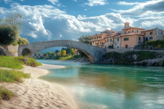 stone arched bridge over turquoise river with sandy shore and quaint riverside village under dramatic cloudy sky, tranquil and idyllic
