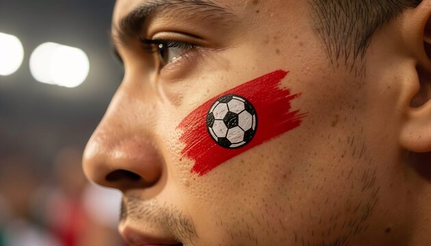 Extreme close-up of an avid sports fan's face featuring bright red paint and a soccer ball graphic on their cheek. The focused eye and vivid face paint highlight passion for the beautiful game.

