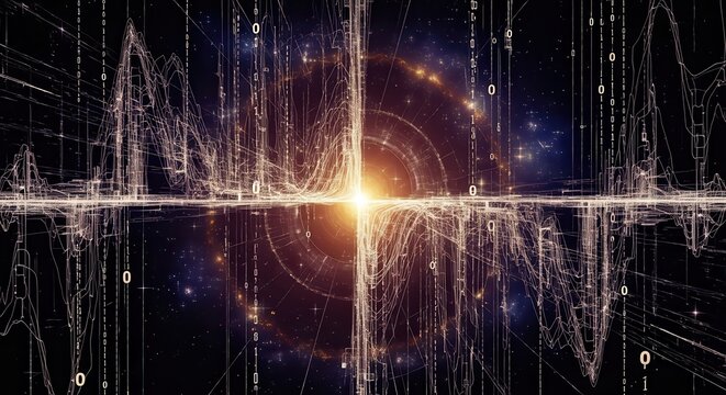 Abstract Digital Network of Glowing Binary Code Lines in Space
