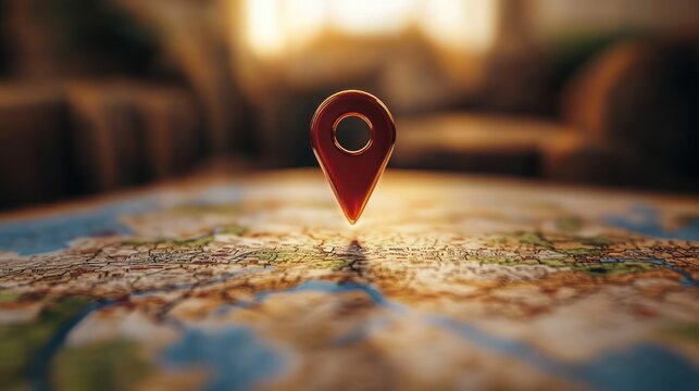 red location pin hovering above a detailed paper map on a sunlit table with a blurred living room background, evoking travel anticipation and discovery