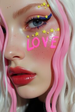 Close-up portrait of a young woman with creative neon makeup and "Love" text on her cheek