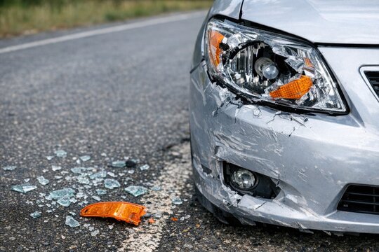 A damaged vehicle sits idle by the roadside, potentially awaiting repair or disposal
