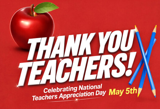 Colorful thank you teachers day poster with red apple and blue pencils for appreciation celebration
