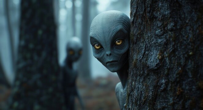 two slender grey extraterrestrial figures peering from behind mossy tree trunks in a foggy blue forest, eerie and suspenseful mood