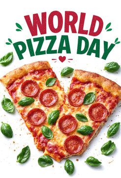 Delicious pepperoni pizza slices with fresh basil leaves celebrating world pizza day event