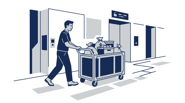 Hotel Bellhop Pushing Luggage Cart in Modern Elevator Lobby